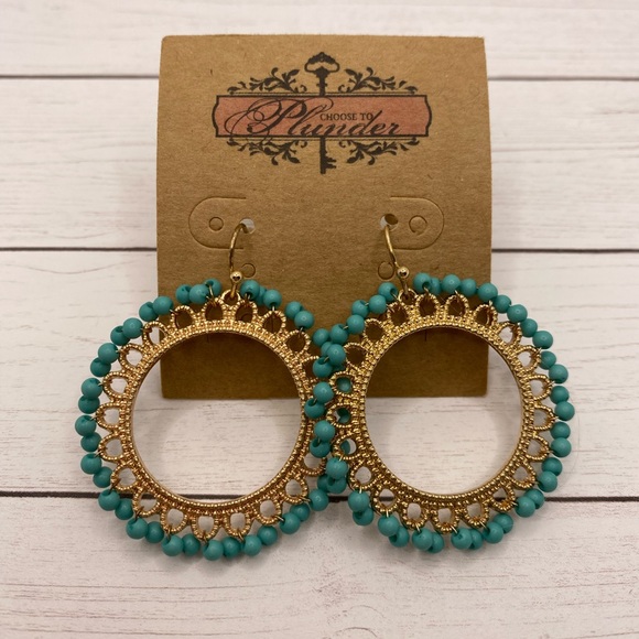 Plunder Turquoise and Gold Beaded Dangle Earrings - Picture 1 of 1